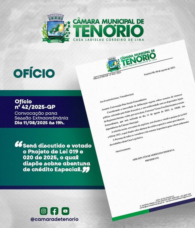 CONVOCAÇÃO PARA SESSÃO EXTRAORDINÁRIA